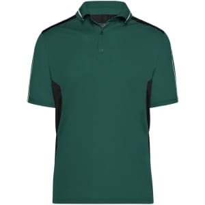 A green polo shirt featuring black side panels and a collar, with a logo on the chest.