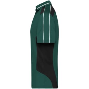 A green polo shirt with black accents and white piping, featuring a logo on the chest.
