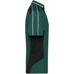 A polo shirt in dark green with black detailing and a logo on the chest. Features a collared design and short sleeves.