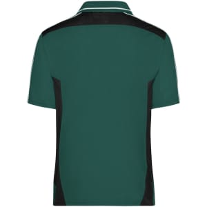 A craftsmen polo shirt in dark green with black side panels and a white collar, featuring a logo on the back.