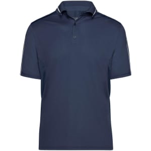 A navy blue polo shirt with a collar, short sleeves, and a logo on the chest.