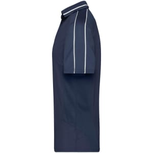 A navy polo shirt featuring contrasting white stripes, with a classic collar and short sleeves.