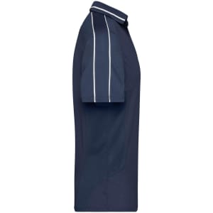 A navy polo shirt featuring contrasting stripes on the sleeves and a collar. The shirt has a logo on it.