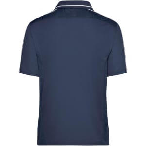 A navy blue polo shirt featuring a collar and a subtle contrasting stripe. It has a logo on the chest area.