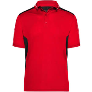 A red polo shirt with black accents and a collar, featuring a logo on the chest.