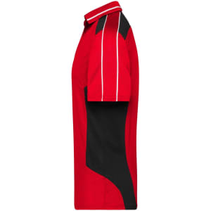 A red polo shirt with black accents and logo, featuring a side view showing its collar and design details.