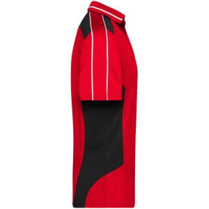 A red and black polo shirt with contrasting side panels and a small logo on the chest.