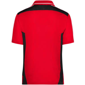 A red polo shirt featuring black side panels and a collar, with a logo on the front.