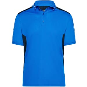 A blue polo shirt with black side panels and a collar, featuring a logo on the chest.