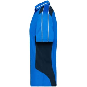 A blue polo shirt with black accents and a logo, featuring short sleeves and a modern design.