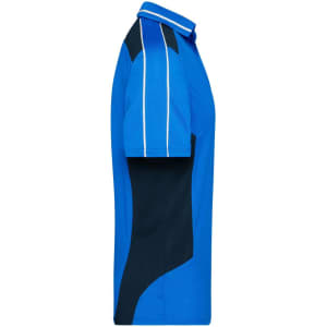 A blue and navy polo shirt featuring contrasting side panels and a collar. The shirt includes a logo.