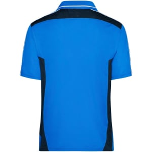 A blue polo shirt with black side panels and a contrasting collar, featuring a logo on the chest.