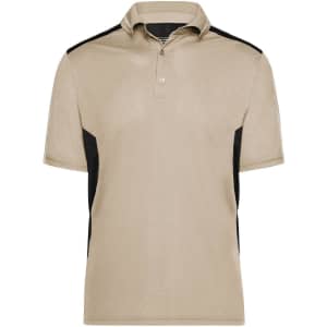 A beige polo shirt with black side panels and a collar, featuring a logo on the chest.