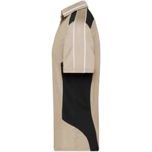 A beige and black polo shirt featuring a side panel design and a logo.