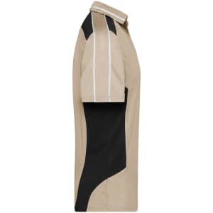 A beige and black polo shirt featuring a logo, with a sporty design and contrasting panels on the sides.