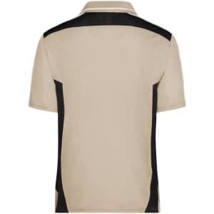 A beige polo shirt with black side panels and a collar, featuring a logo on the back.