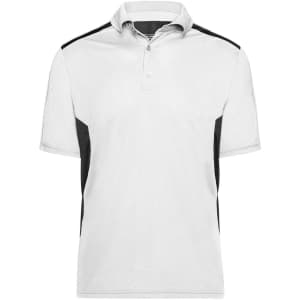 A polo shirt featuring a white body with black side panels and a collar. It has a small logo.
