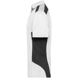 A side view of a polo shirt in white and black, featuring a logo on the chest.