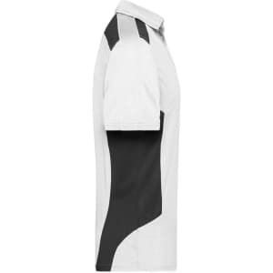 A polo shirt in white with black accents, featuring a logo on the front.