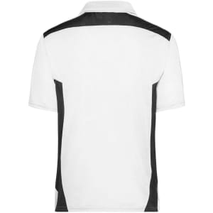 A polo shirt in white with black side panels and a logo on the back. Features a classic collar and short sleeves.