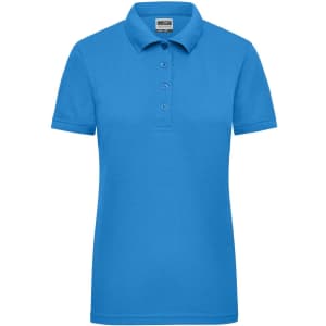 A bright blue ladies' workwear polo shirt with a classic collar and three-button placket. It features a logo.