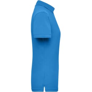 A blue ladies work polo shirt featuring a classic collar and short sleeves. It has a logo on the front.