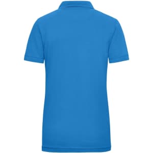 A blue ladies workwear polo shirt featuring a collar and short sleeves, with a logo on the back.
