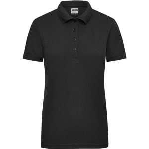 A black ladies workwear polo shirt featuring a classic collar and three-button placket. It has a logo on it.