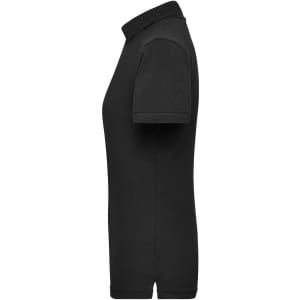 A black ladies' work polo shirt featuring a collared neckline and short sleeves, with branding on the fabric.