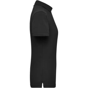 A black ladies' work polo shirt with a collar and short sleeves, displayed from the side. It features a logo.