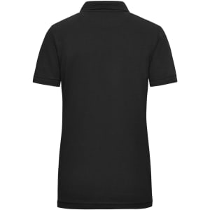 A black ladies work polo shirt featuring short sleeves and a collar, with a logo on the chest.