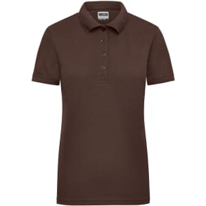 A brown ladies' polo shirt with a classic collar and three-button placket, featuring a small logo.
