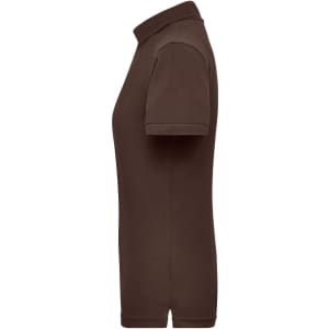 A brown ladies workwear polo shirt with a classic collar and short sleeves, featuring a logo.