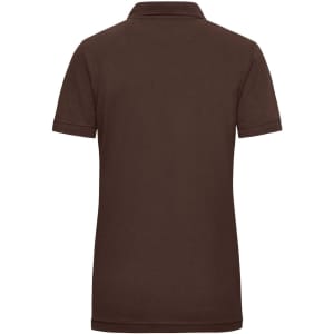 A brown ladies work polo shirt with short sleeves and a classic collar. It features a logo on the fabric.