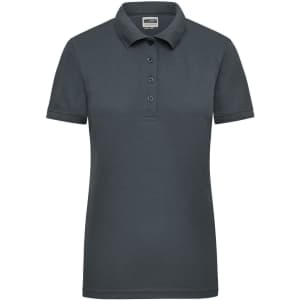 A women's polo shirt in charcoal grey with a collar and button placket; it features branding on the fabric.