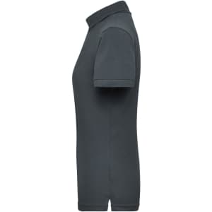 A grey ladies workwear polo shirt featuring a collar and short sleeves, with a logo on the chest.