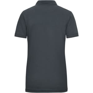 A dark grey ladies' polo shirt with a classic collar and short sleeves, featuring a logo on the back.