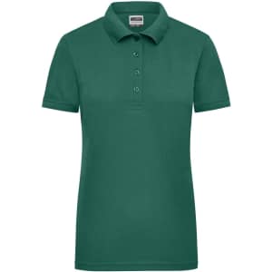 A green ladies’ workwear polo shirt with a classic collar and three-button placket, featuring a logo.