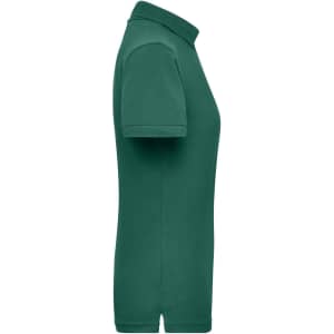 A green ladies' workwear polo shirt displayed from the side, featuring a collar and short sleeves.