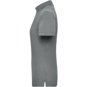 A grey ladies workwear polo shirt with a collar and short sleeves, featuring a logo on the chest.
