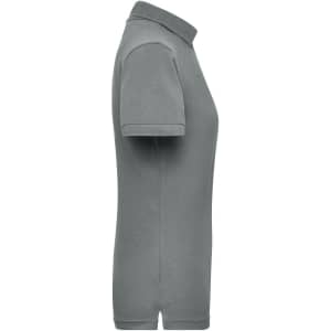 A grey ladies workwear polo shirt featuring a short sleeve and a collar, with a logo on the front.