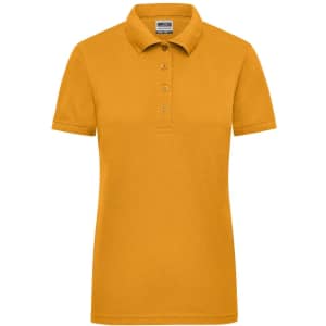 A ladies' workwear polo in vibrant yellow with a classic collar and button placket. Features a logo.