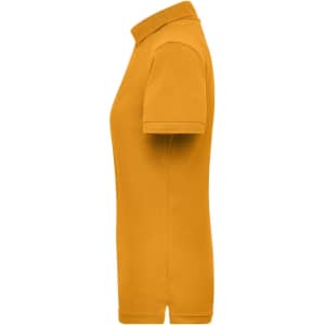 A side view of a mustard-yellow ladies' polo shirt featuring a collar and short sleeves, with a logo on the chest.