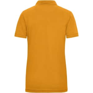 A ladies workwear polo in mustard yellow with short sleeves and a collar, featuring a logo on the back.