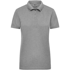 A grey ladies workwear polo shirt with a collar and five buttons, featuring a branding label.