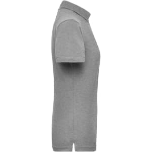 A grey polo shirt featuring a classic collar and short sleeves, with a logo on the front.