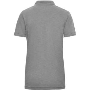 A grey ladies workwear polo shirt featuring a collar and short sleeves, with a logo on the back.