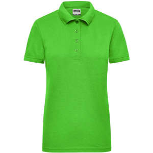 A vibrant green ladies' work polo shirt featuring a classic collar and button placket. It has a logo on the chest.