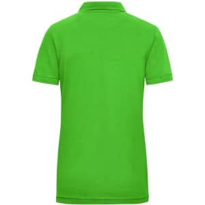 A vibrant green ladies work polo shirt with a classic collar and short sleeves, featuring a logo.