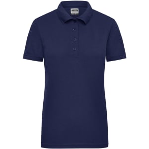 A navy ladies workwear polo shirt featuring a collared design and three-button placket, with a small logo on the chest.